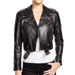 Women's Belted Black Cropped Leather Jacket