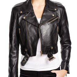 Women's Belted Black Cropped Leather Jacket