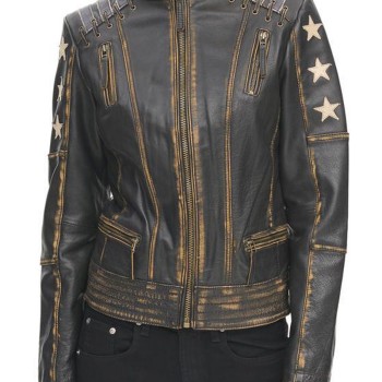 Women's Distressed Stars and Stripes Black Leather Jacket