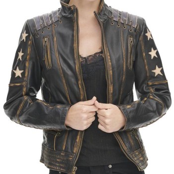 Women's Distressed Stars and Stripes Black Leather Jacket