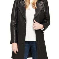 Women's Double Breasted Belted Black Leather Trench Coat
