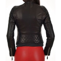Women's FJ023 Quilted Asymmetrical Motorcycle Black Leather Jacket