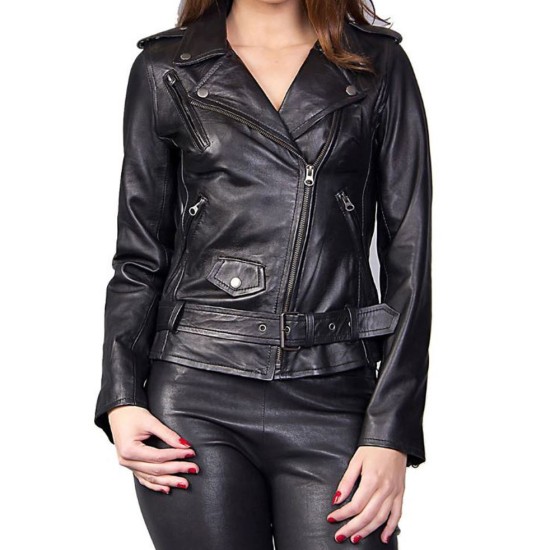 Women's FJ026 Motorcycle Asymmetrical Belted Black Leather Jacket