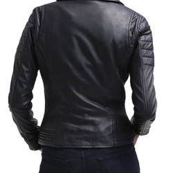 Women's FJ029 Motorcycle Zipper Pockets Black Leather Jacket