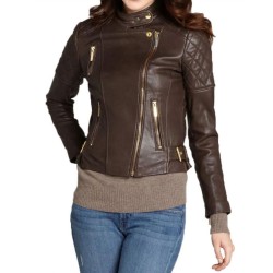 Women's FJ030 Motorcycle Asymmetrical Quilted Brown Leather Jacket