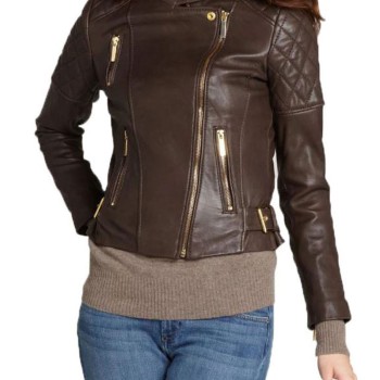 Women's FJ030 Motorcycle Asymmetrical Quilted Brown Leather Jacket