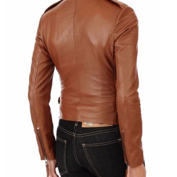 Women's FJ031 Motorcycle Waist Buckle Asymmetrical Brown Leather Jacket