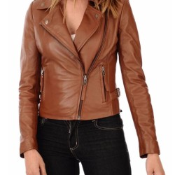 Women's FJ031 Motorcycle Waist Buckle Asymmetrical Brown Leather Jacket