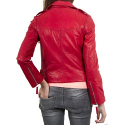 Women's FJ033 Designer Zipper Pockets Red Leather Motorcycle Jacket