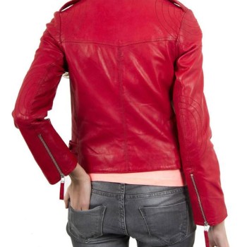Women's FJ033 Designer Zipper Pockets Red Leather Motorcycle Jacket