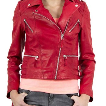 Women's FJ033 Designer Zipper Pockets Red Leather Motorcycle Jacket
