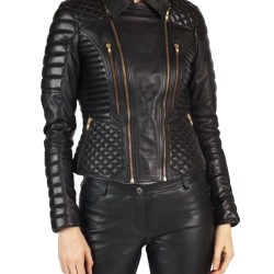 Women's FJ037 Padded and Quilted Motorcycle Black Leather Jacket