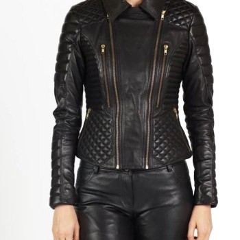 Women's FJ037 Padded and Quilted Motorcycle Black Leather Jacket