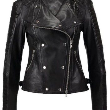 Women's FJ042 Double Breasted Motorcycle Black Leather Jacket