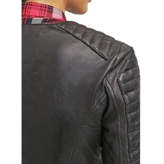 Women's FJ042 Double Breasted Motorcycle Black Leather Jacket