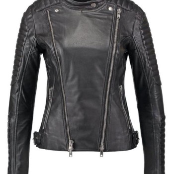 Women's FJ045 Biker Snap Tab Collar Padded Black Leather Jacket