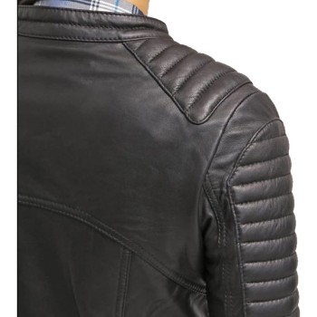 Women's FJ045 Biker Snap Tab Collar Padded Black Leather Jacket