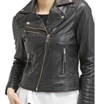 Women's FJ046 Biker Asymmetrical Padded Style Black Leather Jacket
