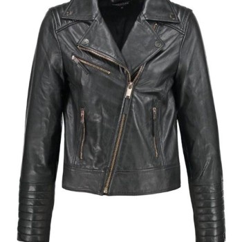 Women's FJ046 Biker Asymmetrical Padded Style Black Leather Jacket