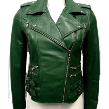 Women's FJ048 Buckle Style Asymmetrical Green Motorcycle Leather Jacket