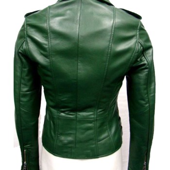 Women's FJ048 Buckle Style Asymmetrical Green Motorcycle Leather Jacket