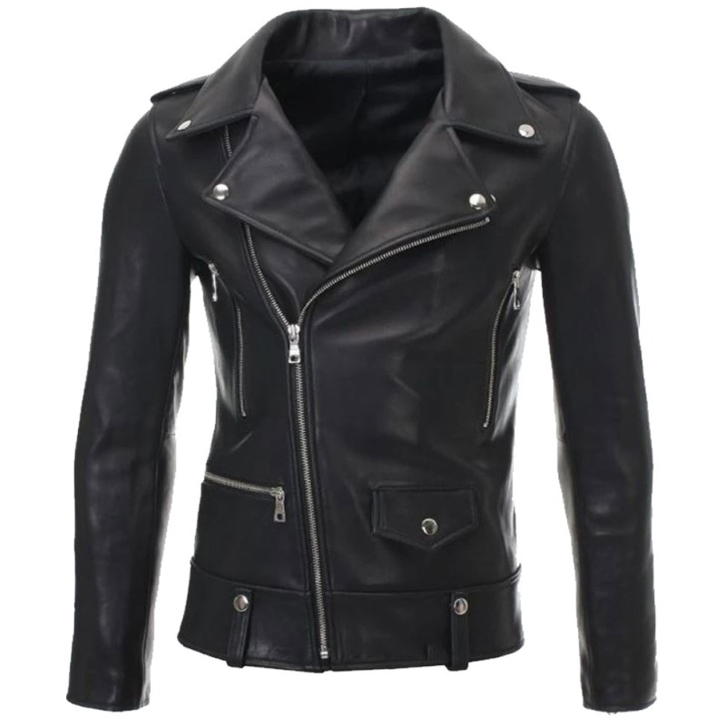 Women's FJ049 Motorcycle Asymmetrical Sheepskin Black Leather Jacket