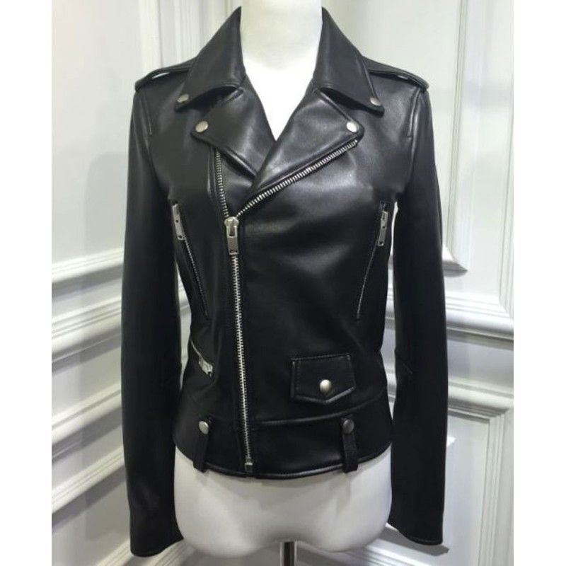Women's FJ049 Motorcycle Asymmetrical Sheepskin Black Leather Jacket Women's FJ049 Motorcycle Asymmetrical Sheepskin Black Leather Jacket