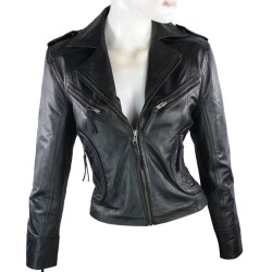 Women's FJ050 Zipper Pockets Black Leather Motorcycle Jacket
