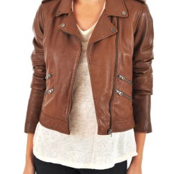 Women's FJ051 Asymmetrical Zipper Pockets Biker Brown Leather Jacket