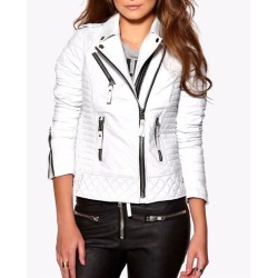 Women's FJ060 Quilted and Padded Motorcycle White Leather Jacket