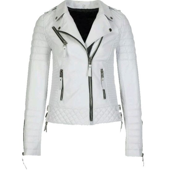 Women's FJ060 Quilted and Padded Motorcycle White Leather Jacket