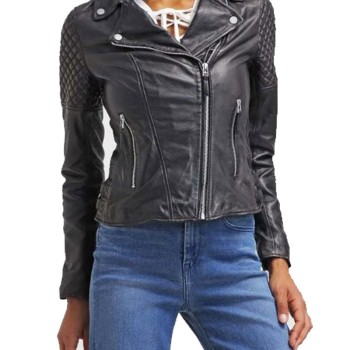 Women's FJ066 Diamond Quilted Motorcycle Black Leather Jacket