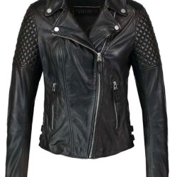 Women's FJ066 Diamond Quilted Motorcycle Black Leather Jacket