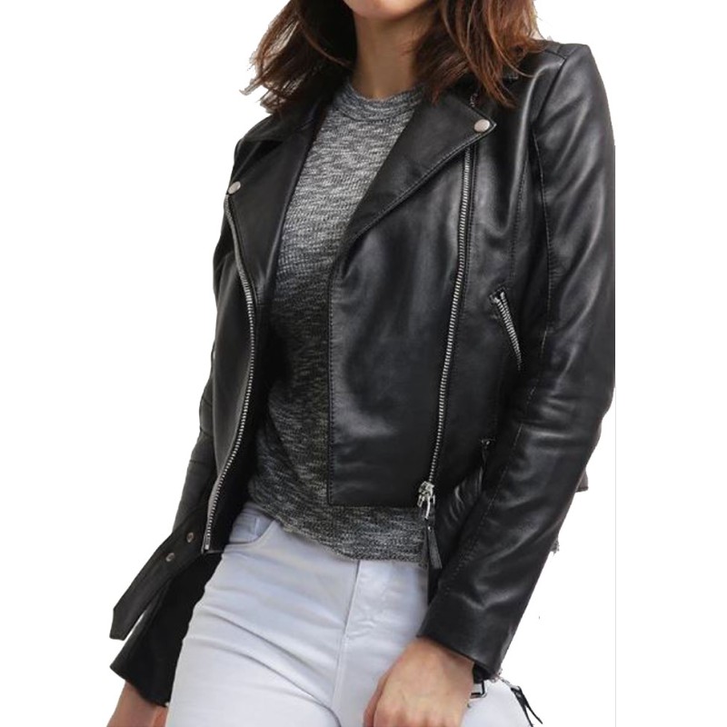 Women's FJ067 Motorcycle Asymmetrical Belted Black Leather Jacket Women's FJ067 Motorcycle Asymmetrical Belted Black Leather Jacket
