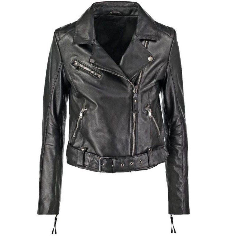 Women's FJ067 Motorcycle Asymmetrical Belted Black Leather Jacket Women's FJ067 Motorcycle Asymmetrical Belted Black Leather Jacket