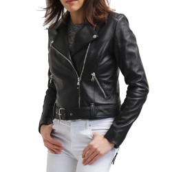 Women's FJ067 Motorcycle Asymmetrical Belted Black Leather Jacket