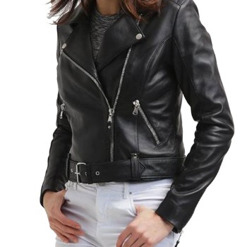Women's FJ067 Motorcycle Asymmetrical Belted Black Leather Jacket