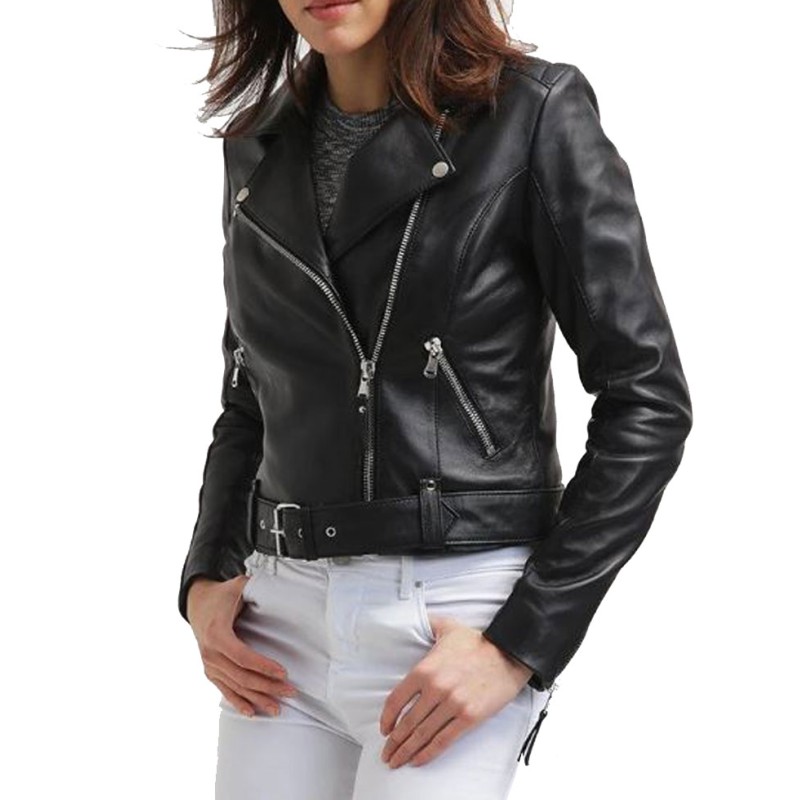 Women's FJ067 Motorcycle Asymmetrical Belted Black Leather Jacket Women's FJ067 Motorcycle Asymmetrical Belted Black Leather Jacket