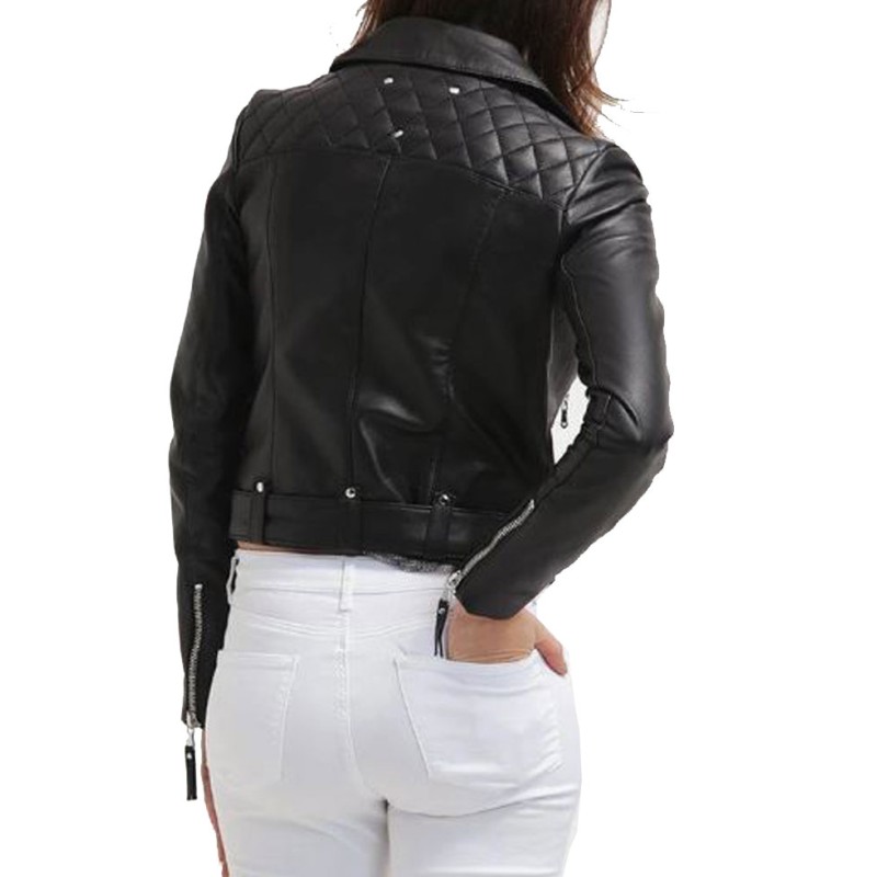 Women's FJ067 Motorcycle Asymmetrical Belted Black Leather Jacket Women's FJ067 Motorcycle Asymmetrical Belted Black Leather Jacket