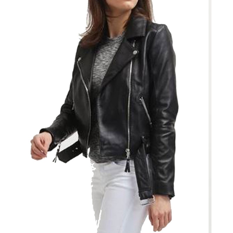 Women's FJ067 Motorcycle Asymmetrical Belted Black Leather Jacket Women's FJ067 Motorcycle Asymmetrical Belted Black Leather Jacket