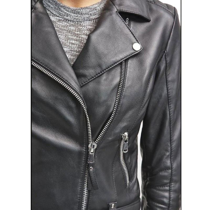 Women's FJ067 Motorcycle Asymmetrical Belted Black Leather Jacket Women's FJ067 Motorcycle Asymmetrical Belted Black Leather Jacket