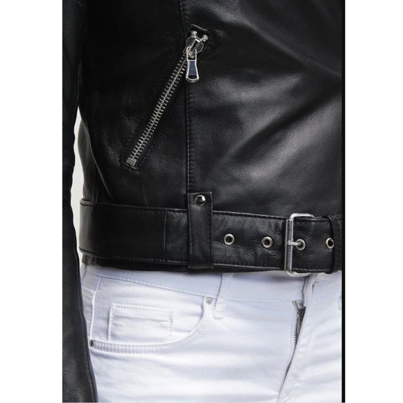 Women's FJ067 Motorcycle Asymmetrical Belted Black Leather Jacket Women's FJ067 Motorcycle Asymmetrical Belted Black Leather Jacket
