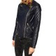Women's FJ068 Quilted Motorcycle Asymmetrical Navy Blue Leather Jacket