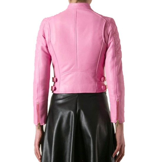 Women's FJ076 Biker Quilted Asymmetrical Pink Leather Jacket