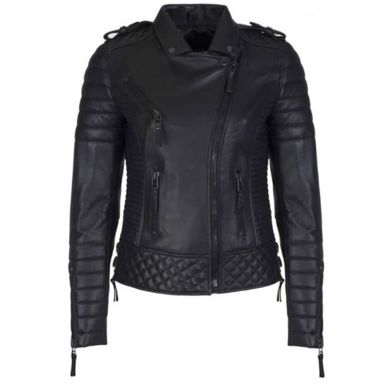 Women's FJ085 Quilted and Padded Black Leather Motorcycle Jacket