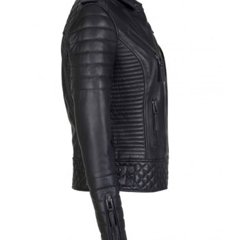 Women's FJ085 Quilted and Padded Black Leather Motorcycle Jacket
