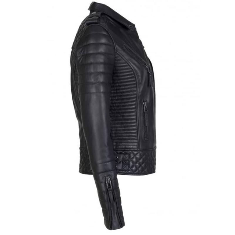 Women's FJ085 Quilted and Padded Black Leather Motorcycle Jacket Women's FJ085 Quilted and Padded Black Leather Motorcycle Jacket