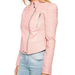 Women's FJ087 Quilted and Padded Biker Pink Leather Jacket