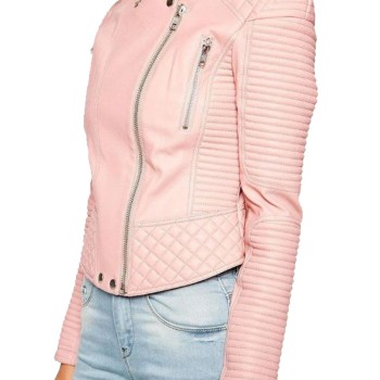 Women's FJ087 Quilted and Padded Biker Pink Leather Jacket