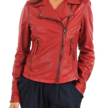 Women's FJ088 Asymmetrical Red Leather Motorcycle Jacket